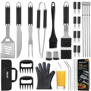 grilljoy 30pcs bbq grill tools set with meat claws - extra thick steel spatula, fork& tongs - complete grilling accessories in portable bag - perfect grill gifts for men and women