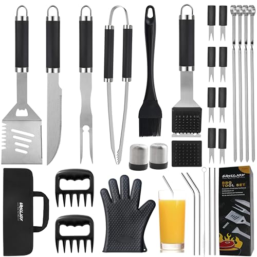 grilljoy 30PCS BBQ Grill Tools Set with Meat Claws - Extra Thick Steel Spatula, Fork& Tongs - Complete Grilling Accessories in Portable Bag - Perfect Grill Gifts for Men and Women