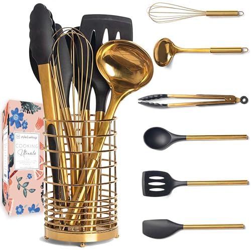 Black and Gold Kitchen Utensils Set with Holder - 7PC Gold Cooking Utensils Set Includes Black Silicone Cooking Utensils Set and Gold Utensil Holder - Gold Kitchen Accessories