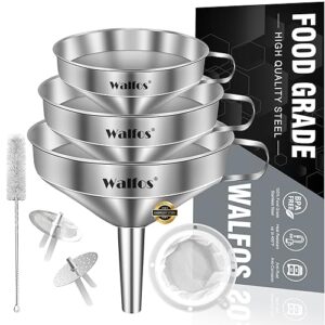walfos 3pcs kitchen funnel with 2 removable strainer ＆ 1 cleaning brush & 1pc 200 mesh food filter strainer, food grade stainless steel funnel for transferring of liquid, oils, jam, dry ingredients