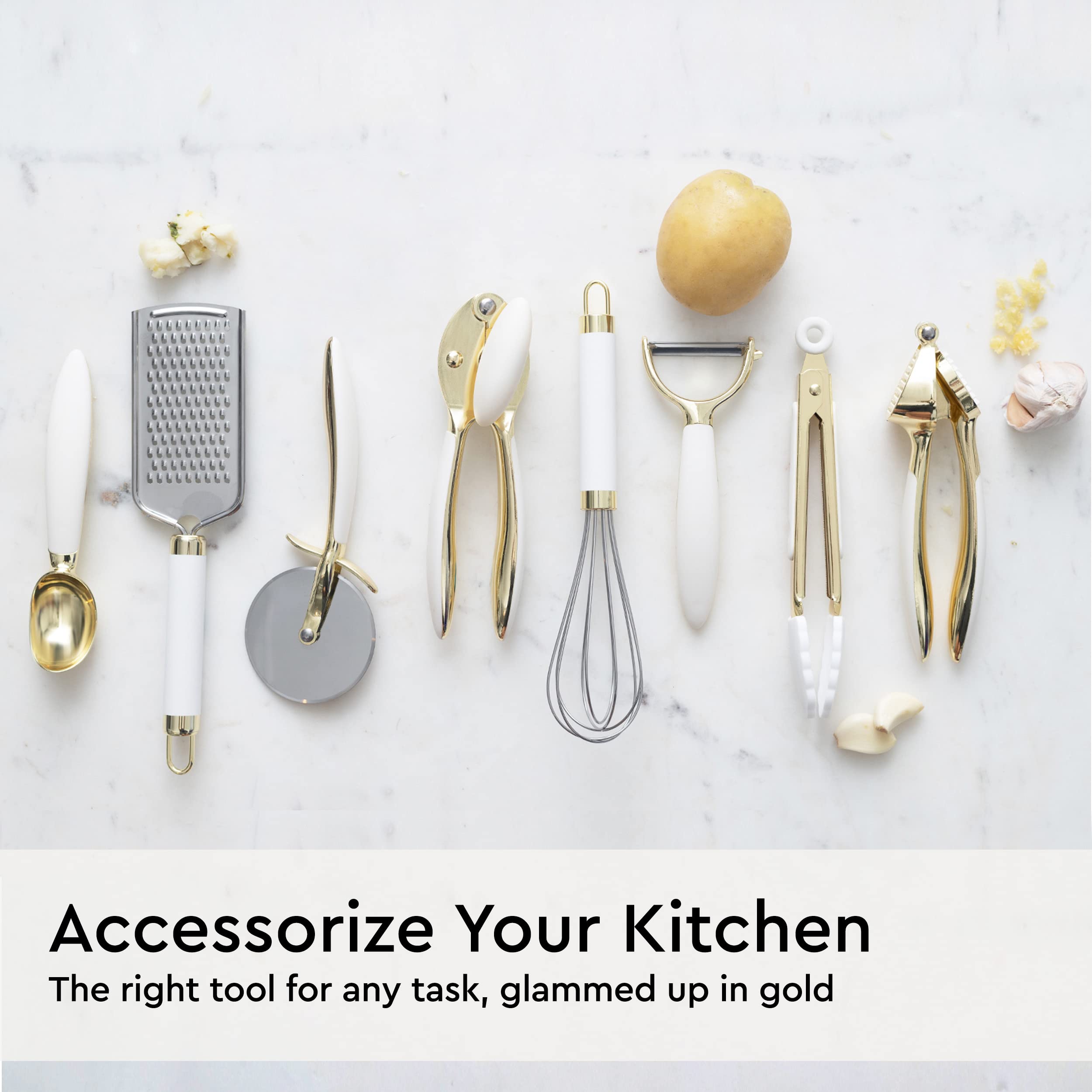 White & Gold Kitchen Tools and Gadgets - Luxe 8PC Cooking Tools and Gadgets with Anti-Slip Handles, Gold Utensils Set, Gold Kitchen Accessories and White Kitchen Utensil Set,Premium Kitchen Gadget Set