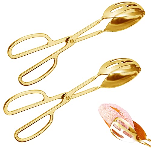 IAXSEE 2 Pieces Buffet Salad Tongs for Kitchen Serving and Cooking, Stainless Steel Food Scissor Tongs, Catering Utensil for Bread Cake Bake Steak Barbecue (Gold)