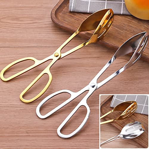 IAXSEE 2 Pieces Buffet Salad Tongs for Kitchen Serving and Cooking, Stainless Steel Food Scissor Tongs, Catering Utensil for Bread Cake Bake Steak Barbecue (Gold)