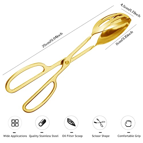 IAXSEE 2 Pieces Buffet Salad Tongs for Kitchen Serving and Cooking, Stainless Steel Food Scissor Tongs, Catering Utensil for Bread Cake Bake Steak Barbecue (Gold)