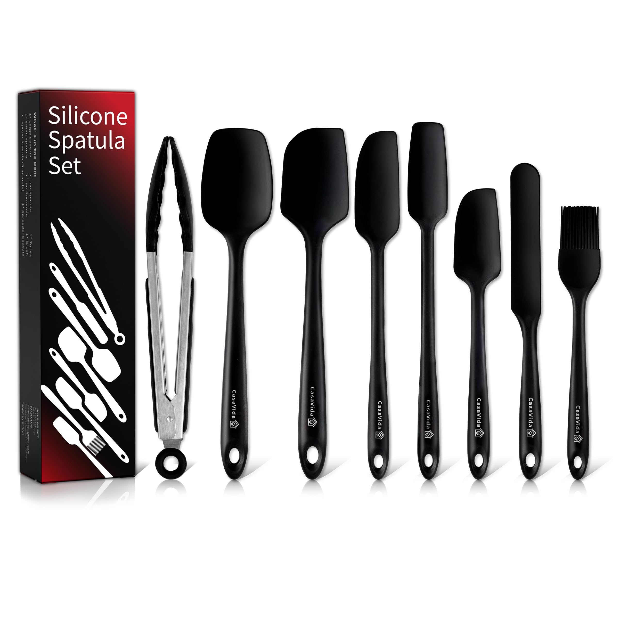 CasaVida Silicone Spatula Set One-piece Seamless High Heat Resistant Non Stick Bakery Spatula Sets Flexible BPA Free Dishwasher Safe Kitchen Utensils Bakeware Cookware Cooking Baking Mixing Black 8pcs