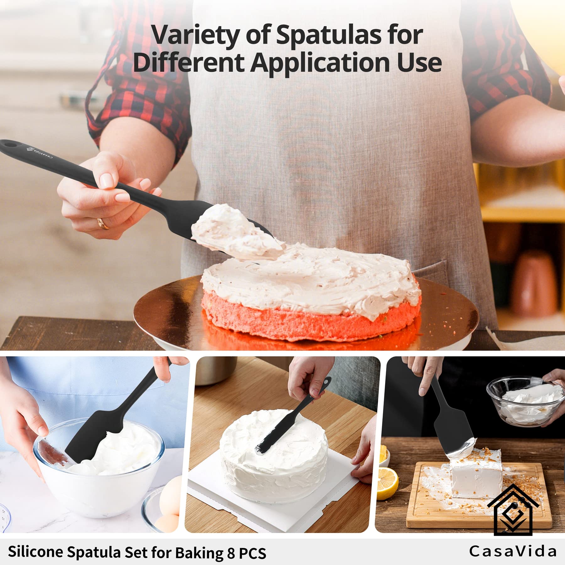 CasaVida Silicone Spatula Set One-piece Seamless High Heat Resistant Non Stick Bakery Spatula Sets Flexible BPA Free Dishwasher Safe Kitchen Utensils Bakeware Cookware Cooking Baking Mixing Black 8pcs