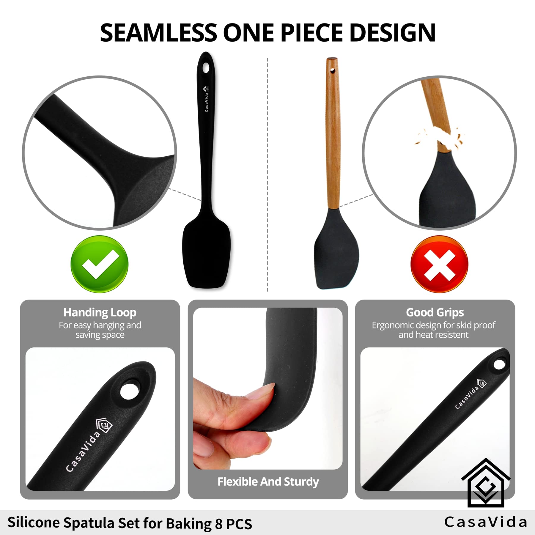 CasaVida Silicone Spatula Set One-piece Seamless High Heat Resistant Non Stick Bakery Spatula Sets Flexible BPA Free Dishwasher Safe Kitchen Utensils Bakeware Cookware Cooking Baking Mixing Black 8pcs