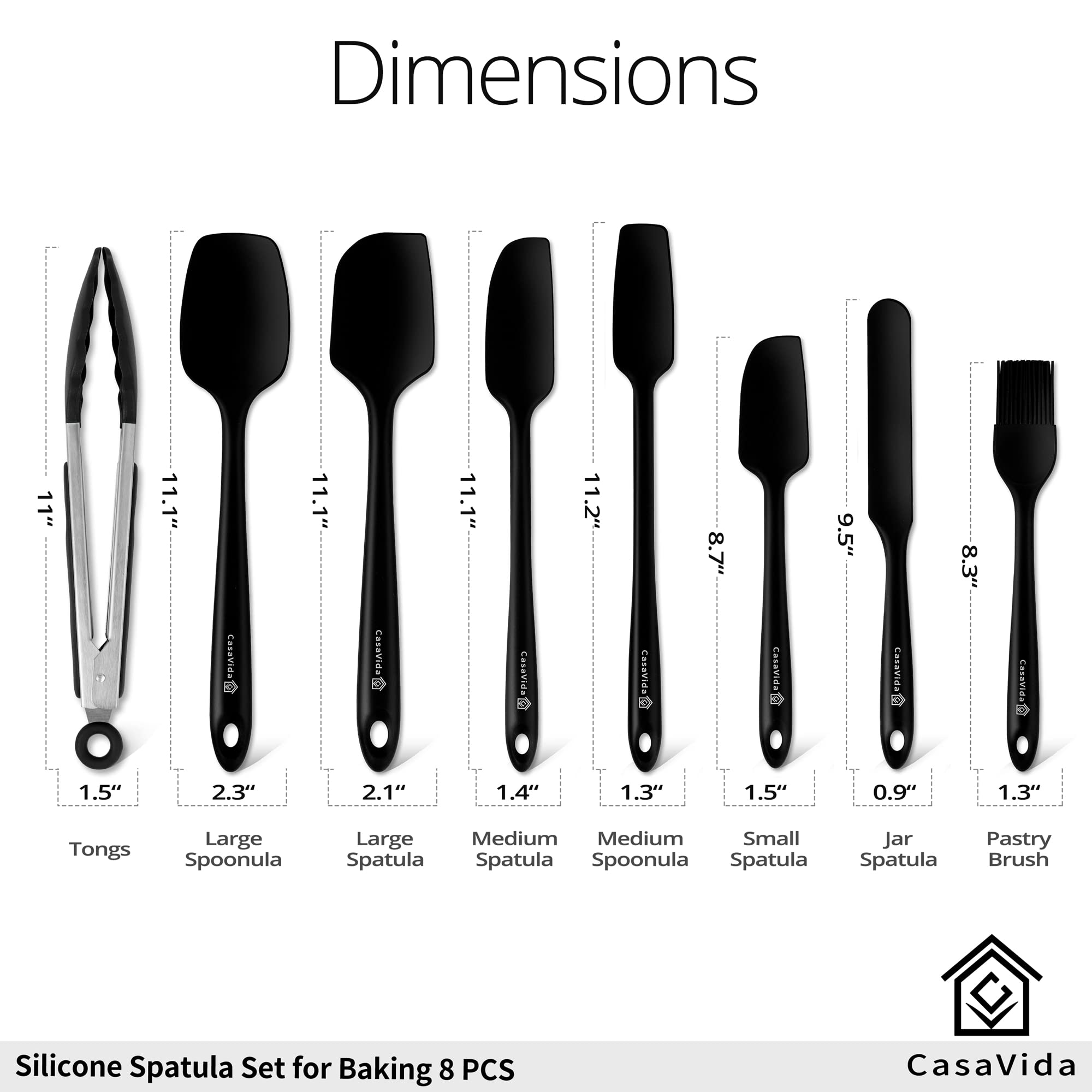 CasaVida Silicone Spatula Set One-piece Seamless High Heat Resistant Non Stick Bakery Spatula Sets Flexible BPA Free Dishwasher Safe Kitchen Utensils Bakeware Cookware Cooking Baking Mixing Black 8pcs