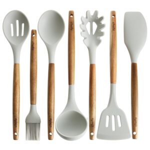 silicone cooking utensils | wooden handle, non-stick cookware heat resistant kitchen utensil spatula, slotted & solid spoon, soup ladle, slotted turner and spaghetti server,| acacia wood - light grey