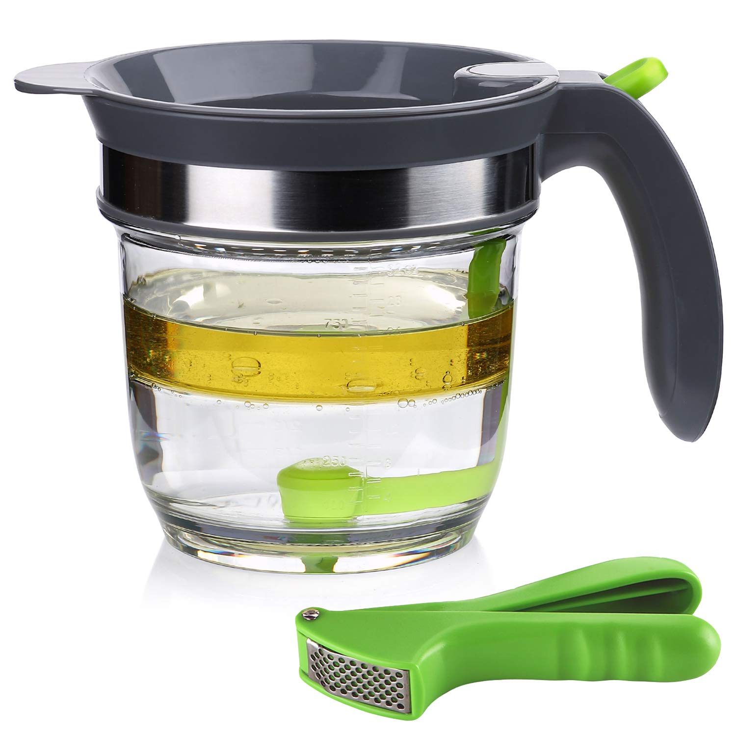 IVYHOME 4 Cups Plastic Fat Separator with Bottom Release, Gravy Grease Separator, Soup Oil Separator Measuring Cup, including a Garlic Press for FREE