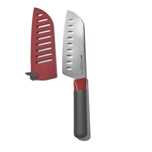 oxo outdoor 5.5in/14cm santoku knife with locking sheath,gray/red