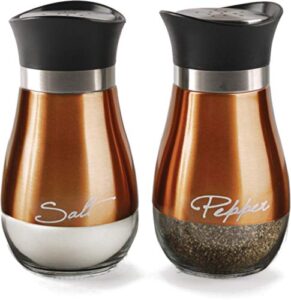 circleware cafe contempo elegant glass salt and pepper shakers dispenser, clear bottom jar bottle container with stainless steel top, perfect for himalayan seasoning herbs spices, 4.4 oz, copper