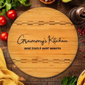 Grammy Gift - Bamboo Butcher Block Inlay Engraved Cutting Board - Grammy’s Kitchen Sweet Treats & Sweet Memories - Design Decor Birthday Mothers Day Christmas Best Grandma Ever GK Grand (11.75 Round)