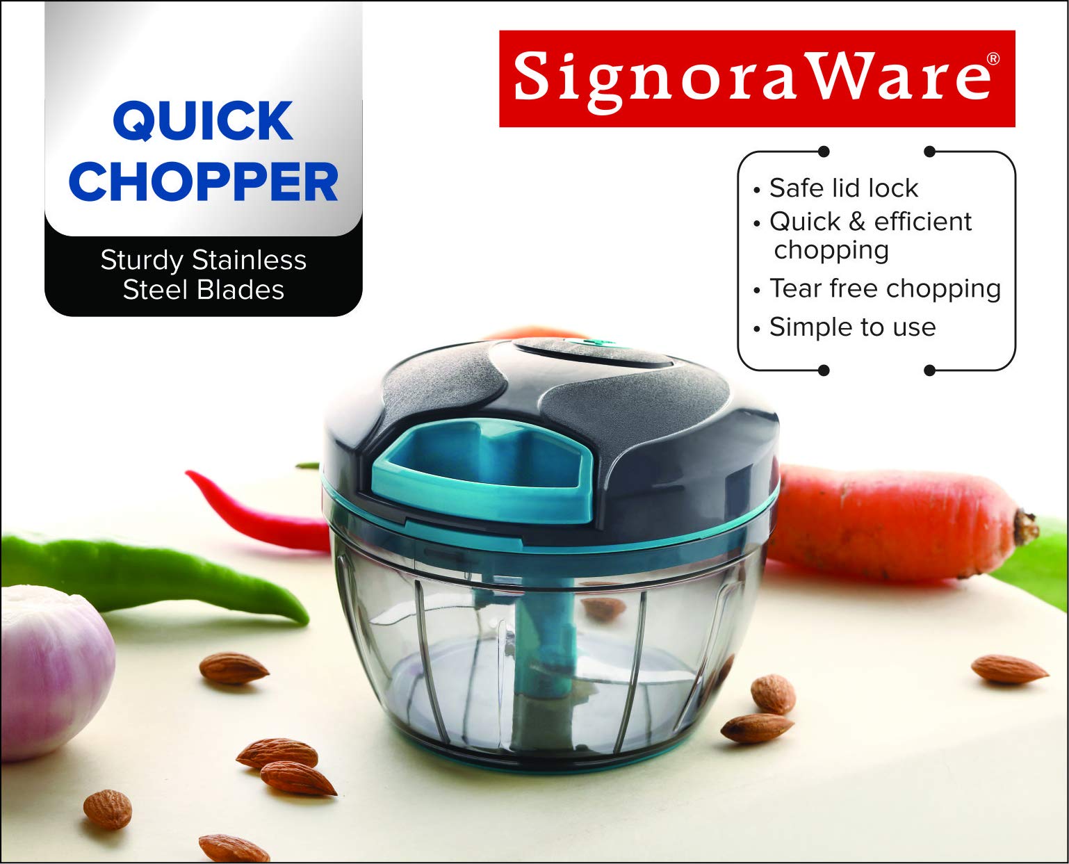 SIGNORAWARE Manual Food Processor, Vegetable Chopper -Easy Pull Hand String- Portable Stainless Steel Hand Food Chopper, Cutter, Garlic Mincer, Onion, Veggie, Fruit Chopper, Dicer w/Container (15 oz)