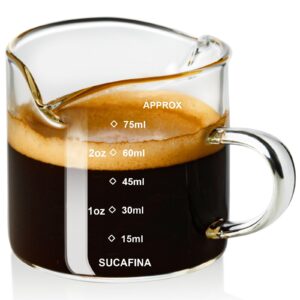 paracity espresso cup with handle, double spout glass measuring cup with dual scale, espresso shot glass with v-shaped mouth, clear glass milk frothing pitcher, espresso accessories, milk cup 2.5 oz