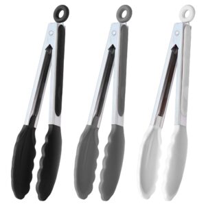 hinmay 9-inch kitchen cooking tongs with silicone tips, set of 3 (black white gray)