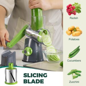 Cheese Grater with Handle, Kitchen Manual Cheese Shredder with 3 Interchangeable Blades, Rotary Cheese Grater Handheld with Strong Suction Base, Vegetable Slicer Nuts Grinder with Clean Brush