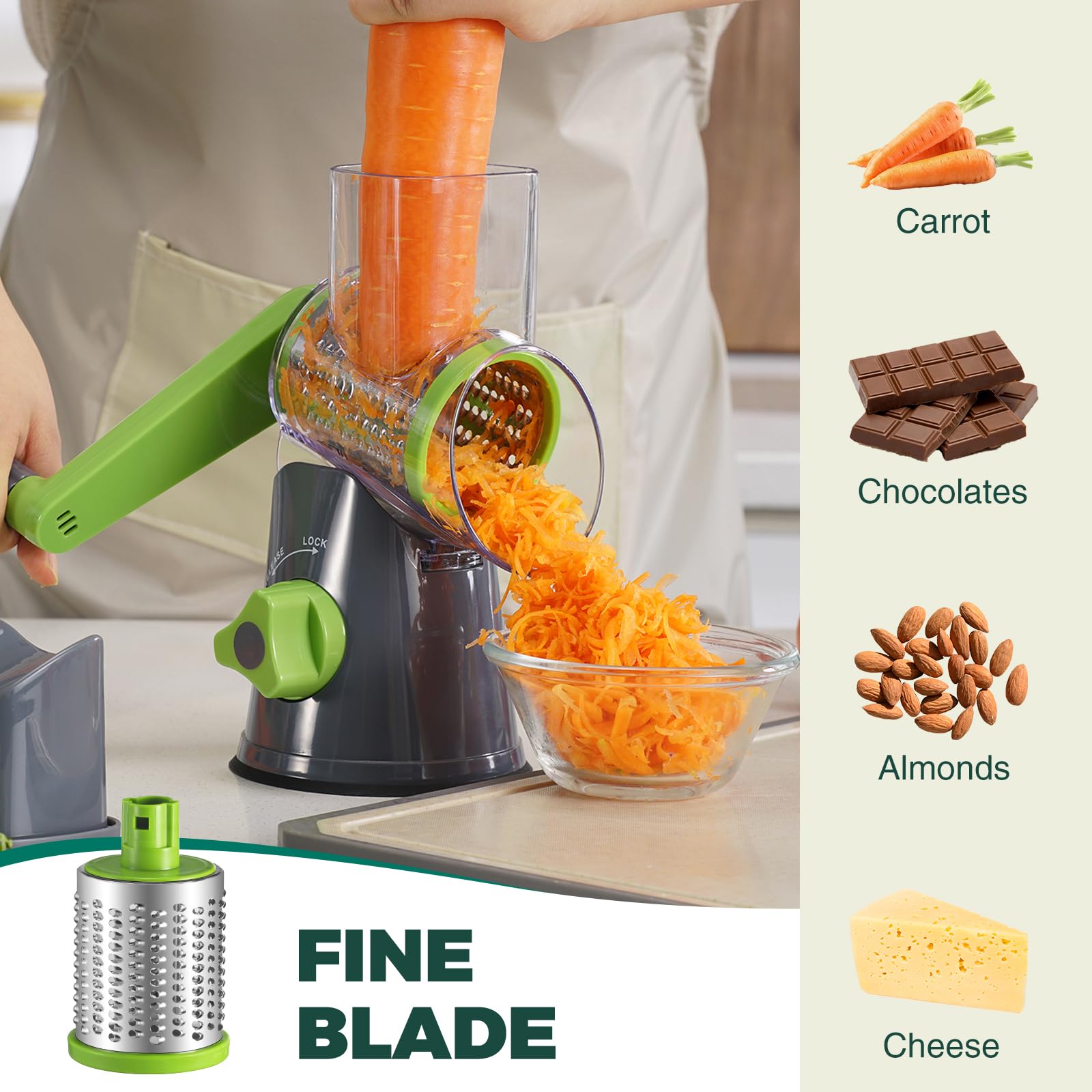 Cheese Grater with Handle, Kitchen Manual Cheese Shredder with 3 Interchangeable Blades, Rotary Cheese Grater Handheld with Strong Suction Base, Vegetable Slicer Nuts Grinder with Clean Brush