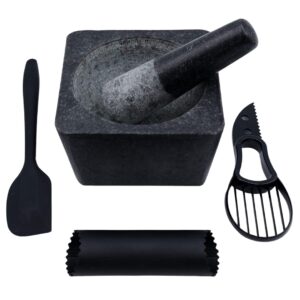large mortar and pestle set with garlic peeler, avocado slicer and spatula – authentic granite stone mexican molcajetes mortar and pestle – ideal for grinding spices and herbs - grinder - crusher
