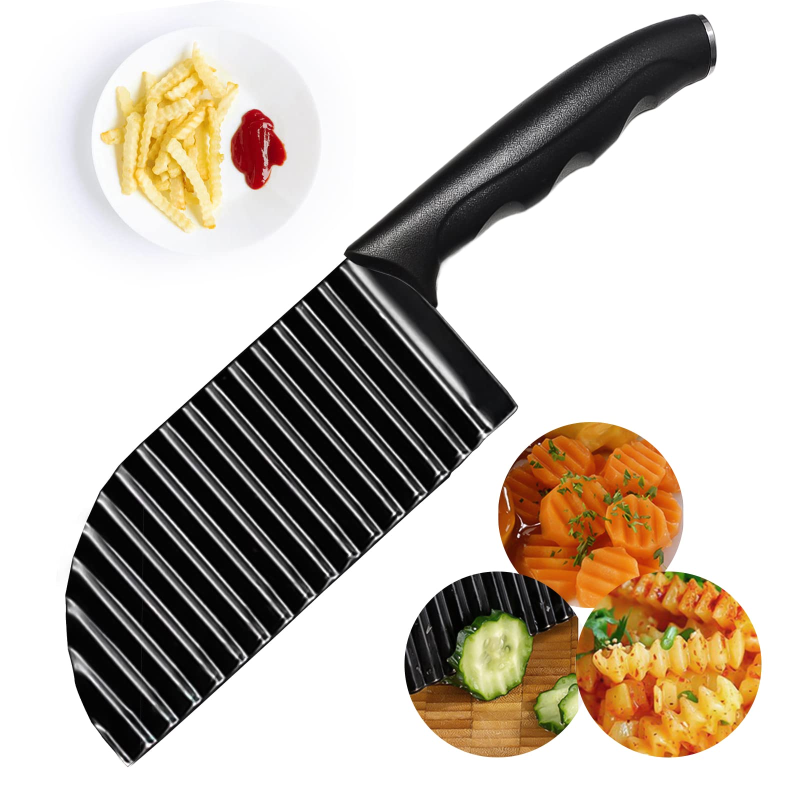 Crinkle Cutter 2.9" x 11.8" French Fry Cutter Stainless Steel, Handheld Crinkle Cutter for Veggies, Vegetable Salad Potato Cutter Knife Home Kitchen Wavy Blade Cutting Tool (Black)