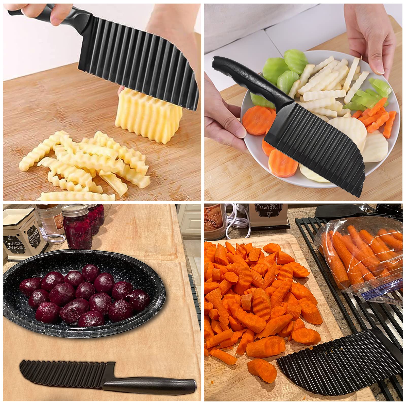 Crinkle Cutter 2.9" x 11.8" French Fry Cutter Stainless Steel, Handheld Crinkle Cutter for Veggies, Vegetable Salad Potato Cutter Knife Home Kitchen Wavy Blade Cutting Tool (Black)