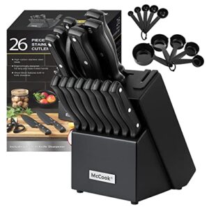 McCook Knife Set with Built-in Sharpener Block, MC701 Kitchen Knife Set with Block, 26 Pcs High Carbon Stainless Steel Kitchen Knife Sets with Block Self Sharpening, Black