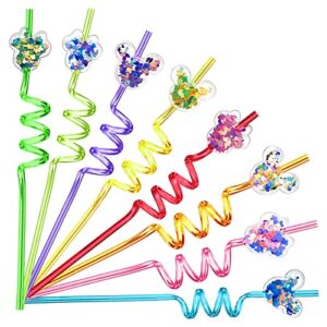 glitter sequin mouse theme birthday party favors nicky mouse straws, mouse shape reusable plastic drinking straws 8 designs for kids birthday party 24pcs with 2 cleaning brush