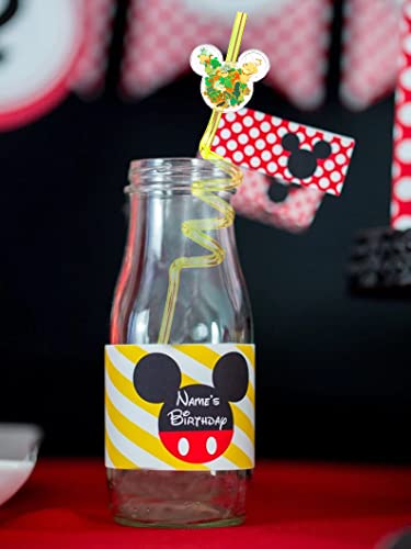 Glitter Sequin Mouse Theme Birthday Party Favors Nicky Mouse Straws, Mouse Shape Reusable Plastic Drinking Straws 8 Designs for Kids Birthday Party 24Pcs with 2 Cleaning Brush