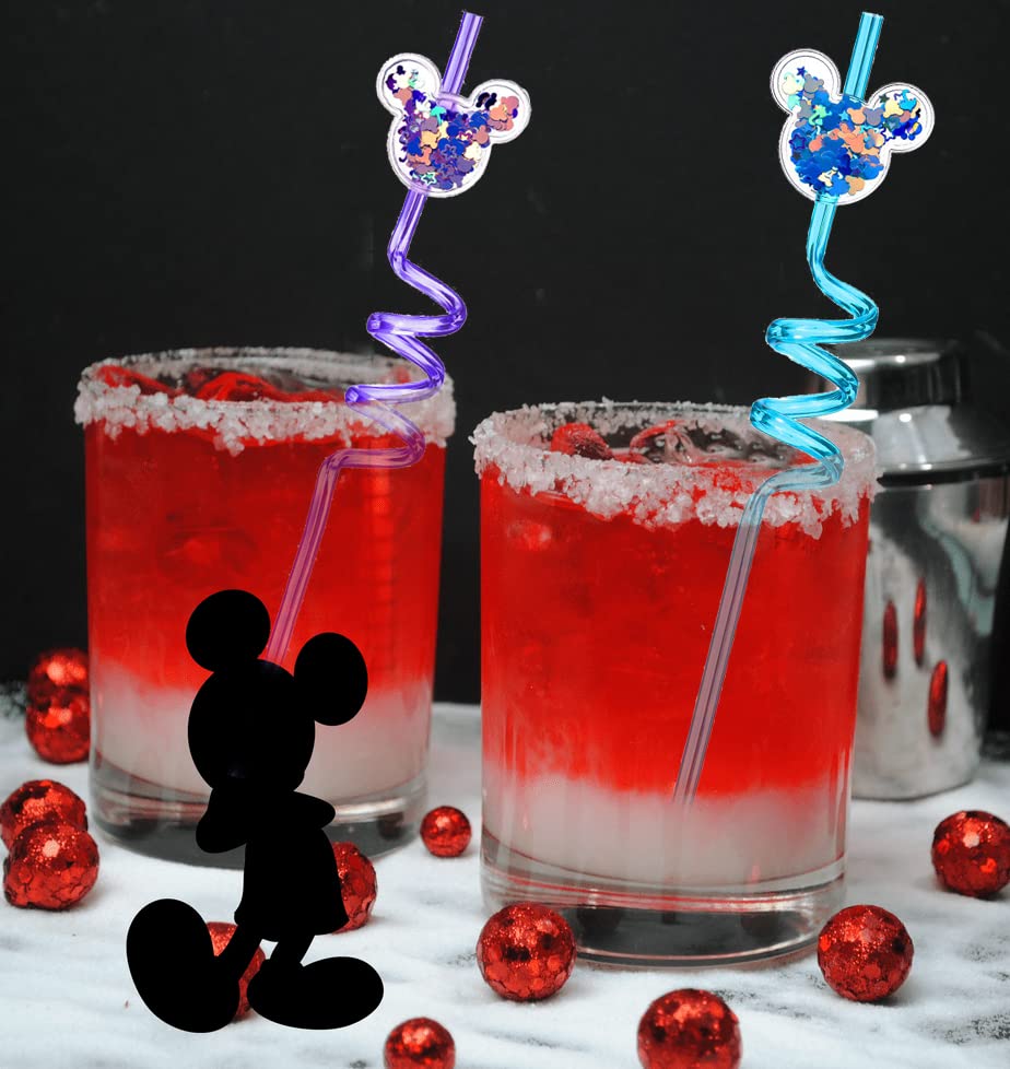 Glitter Sequin Mouse Theme Birthday Party Favors Nicky Mouse Straws, Mouse Shape Reusable Plastic Drinking Straws 8 Designs for Kids Birthday Party 24Pcs with 2 Cleaning Brush