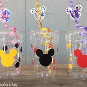 Glitter Sequin Mouse Theme Birthday Party Favors Nicky Mouse Straws, Mouse Shape Reusable Plastic Drinking Straws 8 Designs for Kids Birthday Party 24Pcs with 2 Cleaning Brush