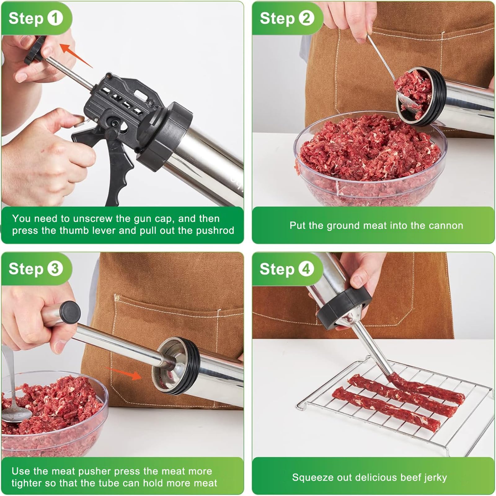 MTOGALT Upgrade Stainless Steel 2 LB Large Capacity Jerky Gun Kit Beef Deer Jerky Sausage Stuffer Meat Gun Jerky Marker Shooter Jerky Kits Sausage Gun Machine with Nozzles Brushes & Meat Pusher