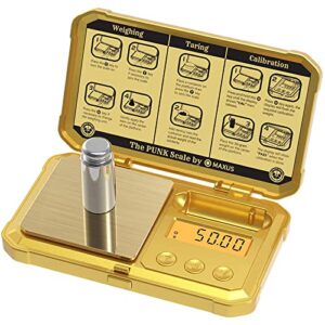 maxus steampunk digital scale 200g x 0.01g precision with 50g calibration weight. golden, skull-embossed, backlit lcd, stainless steel platform for food or items.