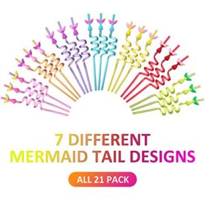 Mermaid Tail Straws Party Favors for Mermaid Birthday Party Supplies,Under The Sea Party Supplies with 2 Cleaning Brush (21+2)