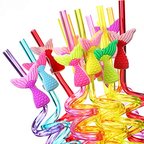 Mermaid Tail Straws Party Favors for Mermaid Birthday Party Supplies,Under The Sea Party Supplies with 2 Cleaning Brush (21+2)