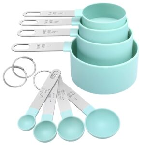 measuring cups set measuring spoons set, nesting measure cups with stainless steel handle, for measuring dry and liquid ingredients small teaspoon with plastic head (mint green)
