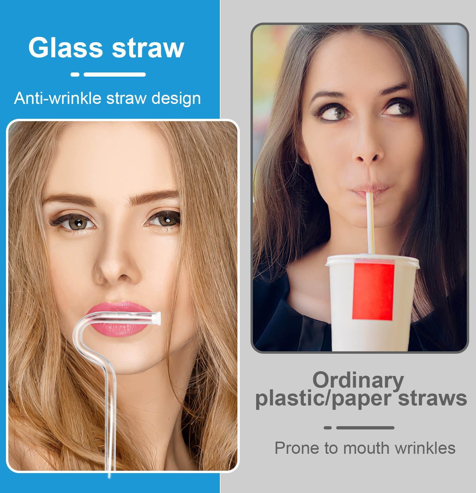 Anti Wrinkle Straw, Reusable Anti Wrinkle Drinking Straw Glass Straw, Lip Straw for Wrinkles, Set of 2 Anti Lip Wrinkle Straw and 1 brush