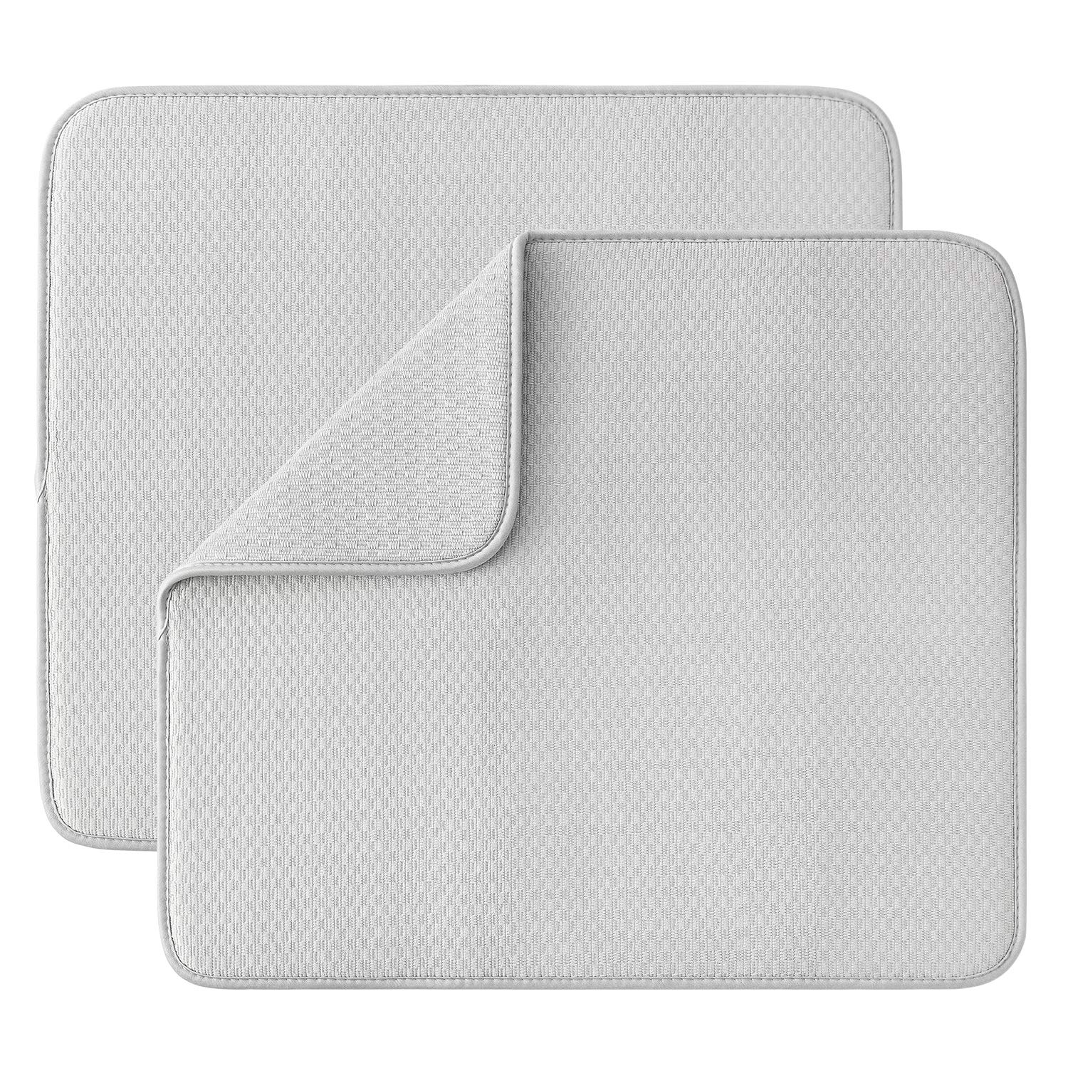 SUBEKYU Microfiber Dish Drying Mat for Kitchen Counter, Absorbent Dishes Drainer/Rack Pad for Countertop (Light Grey 2P)