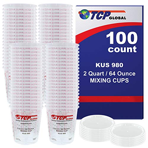 Custom Shop - Full Box Case of 100 Each - 64 Ounce Graduated Paint Mixing Cups - Cups are Calibrated with Multiple Mixing Ratios - Also Includes 12 Lids - Cups Hold 80-Ounces Epoxy Resin