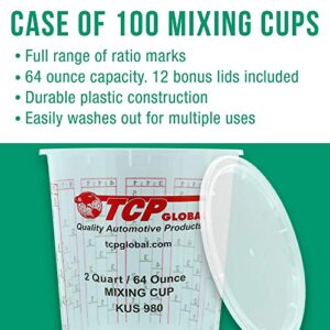 Custom Shop - Full Box Case of 100 Each - 64 Ounce Graduated Paint Mixing Cups - Cups are Calibrated with Multiple Mixing Ratios - Also Includes 12 Lids - Cups Hold 80-Ounces Epoxy Resin