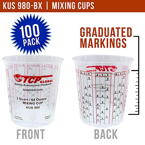 Custom Shop - Full Box Case of 100 Each - 64 Ounce Graduated Paint Mixing Cups - Cups are Calibrated with Multiple Mixing Ratios - Also Includes 12 Lids - Cups Hold 80-Ounces Epoxy Resin