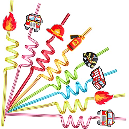 24 Fire Truck Party Favors Drinking Straws for Fire Truck Birthday Party Supplies with 2 PCS Straws Cleaning Brush