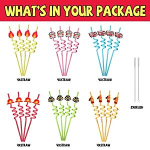 24 Fire Truck Party Favors Drinking Straws for Fire Truck Birthday Party Supplies with 2 PCS Straws Cleaning Brush