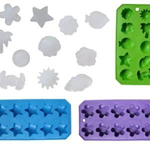 Chef Craft Set of 3 Flexible Shaped Ice Cube Trays. Sun, Star, Flower, Tree and Sealife. Fun Party Combo, Silver