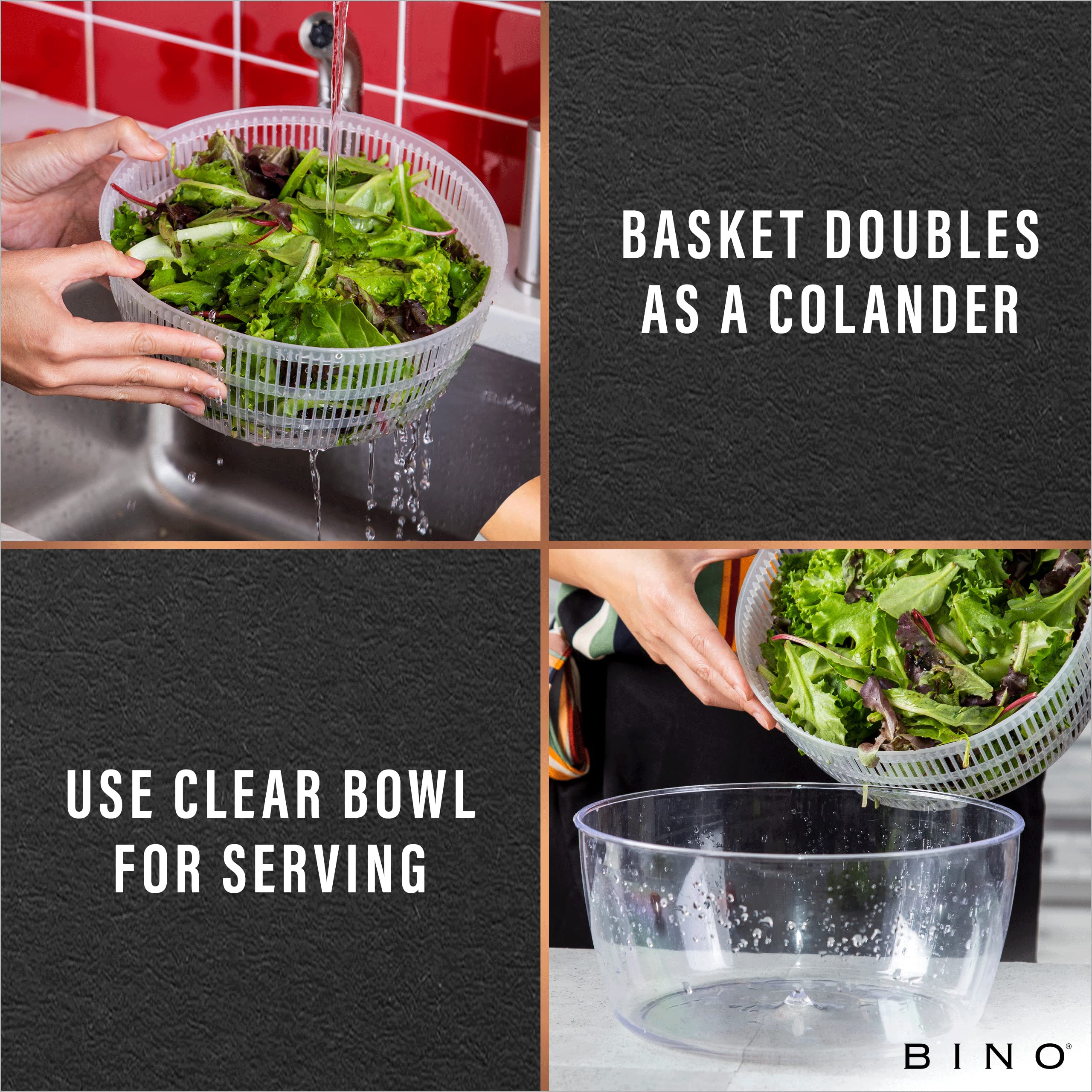 BINO | Salad Spinner - 4.2 Qt | Large Manual Lettuce Spinner with Secure Lid Lock & Built-in Draining System | Salad Spinner with Salad Bowl | Fruit & Vegetable Basket Colander | Kitchen Gadgets