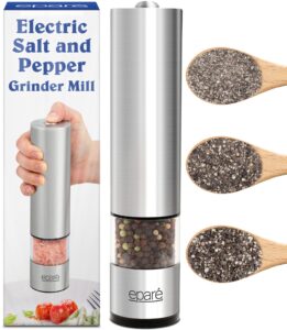 electric salt and pepper grinder mill - battery operated ceramic burr pepper grinder refillable - automatic stainless steel salt and pepper grinders - pepper mill grinder with led light by eparé