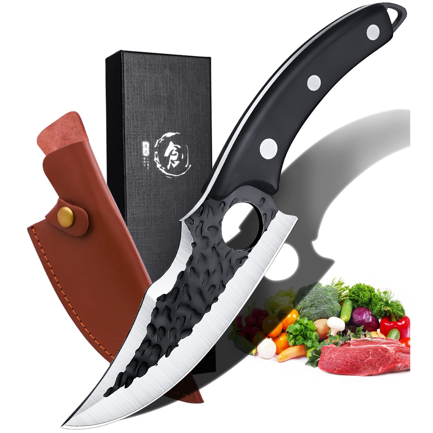 Huusk Japan Knife Upgraded Version, Fillet Caveman Knife Viking Knife Handmade Butcher Boning Knife for Meat Cutting Kitchen Knife with Sheath for Home or Camping Outdoor, Ideal Gift for Dad