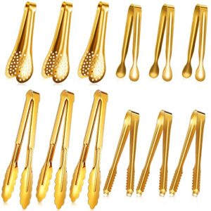 12 pieces tongs for serving utensils mini serving tong stainless steel appetizer tongs ice sugar tong food tong cooking tong for salad kitchen buffet party, 5 inch, 9 inch (gold)