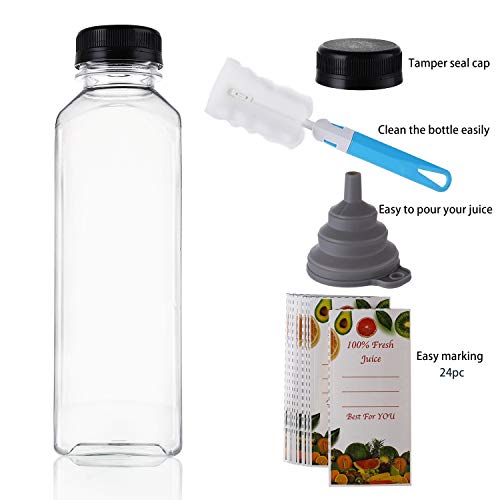 Cedilis 20 Pack 16oz Plastic Juice Bottles with Black Cap, Clear Reusable Containers with Lids, Great Disposable Bottles for Making Juice, Milk, Salad Dressing, Smoothie and Other Beverages