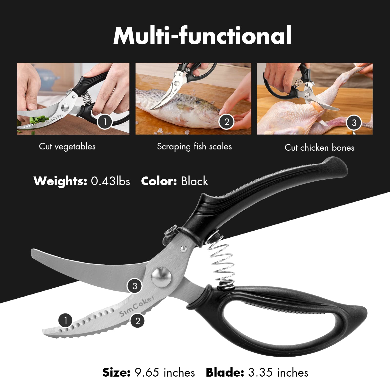 SimCoker Poultry Shears, Heavy Duty Kitchen Shears With Anti-Slip Handle & Safety Lock, Poultry Scissors for Meat, Chicken, Bone, Poultry, Spring Loaded, Dishwasher Safe (Black)…