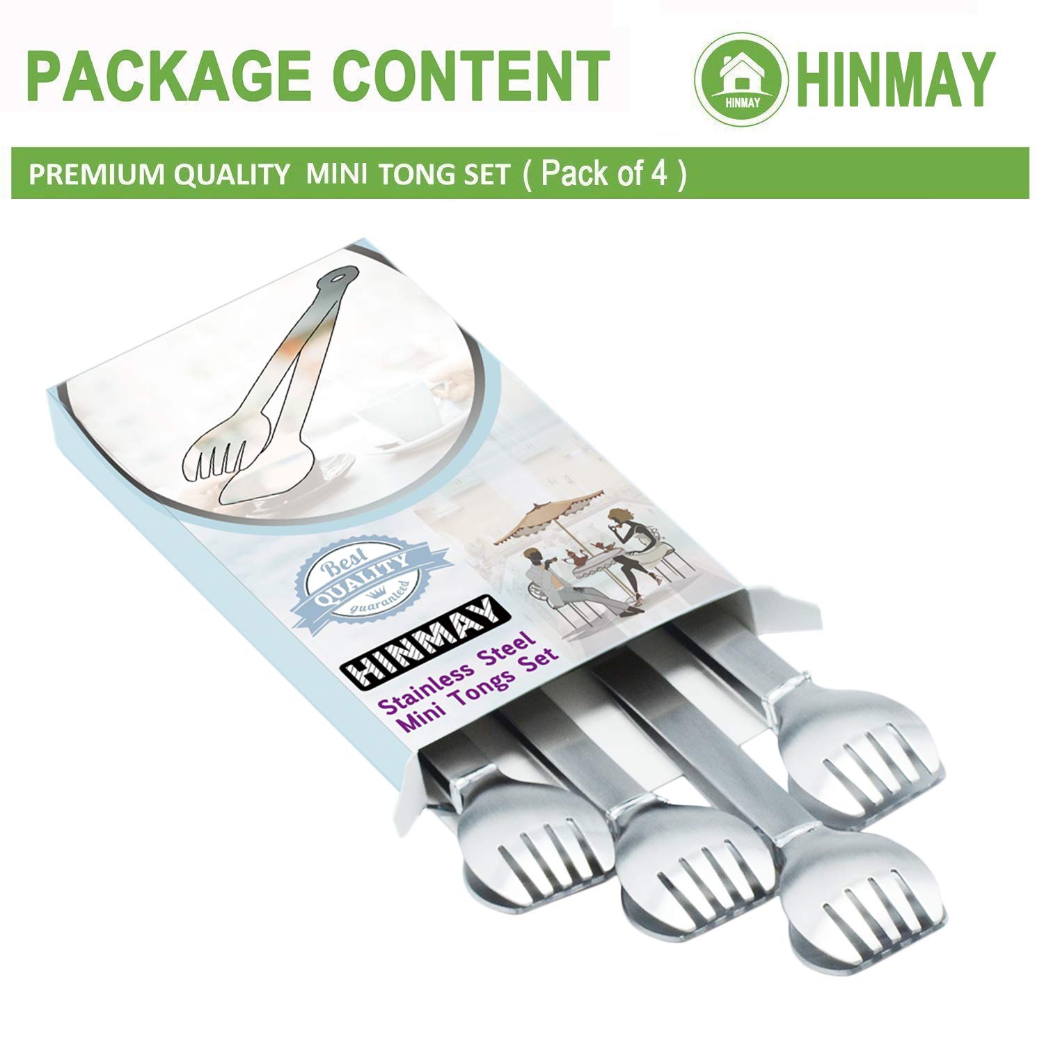 HINMAY Small Serving Tongs 6-Inch Stainless Steel Mini Appetizer Tongs, Set of 4 (Brushed)